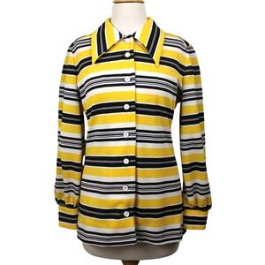 Vintage Act III Yellow Black Striped Disco Blouse Dagger Collar 70s Mod M